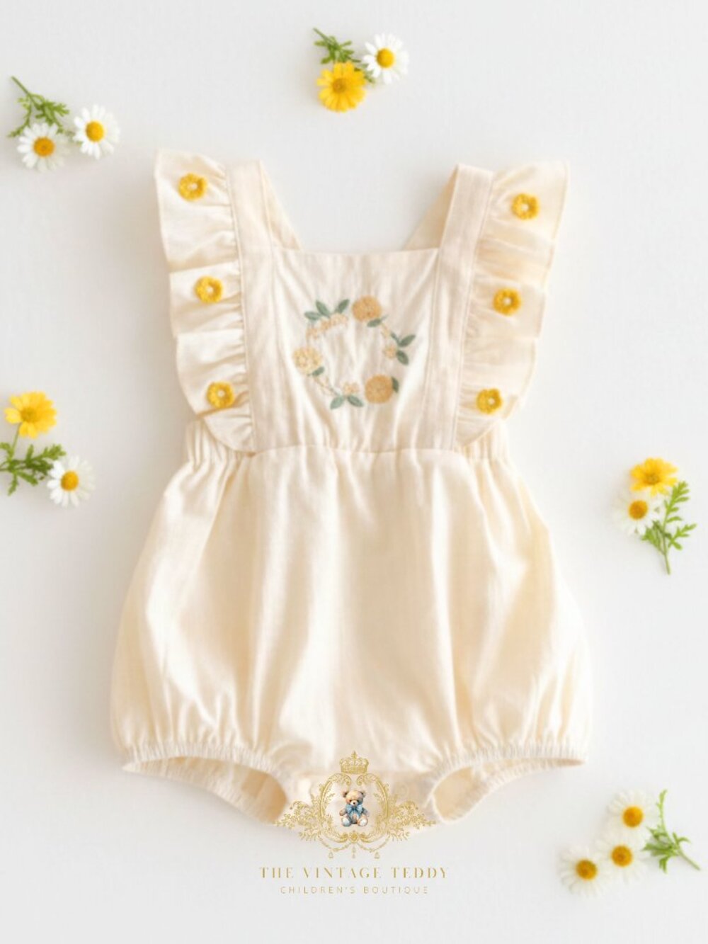 NWT Cute Girls Floral Embroidery Romper One-Piece Flower & Lemons Cream 9-12M